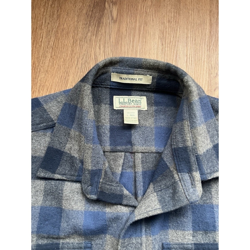 LL Bean Chamois Cloth Shirt Mens Large Blue Grey Buffalo Plaid Flannel 277981 - Picture 4 of 5